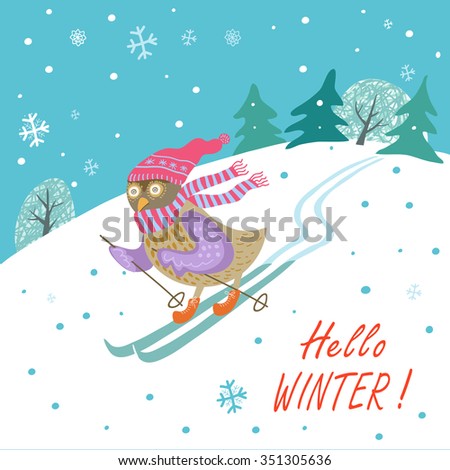 Hello winter,Christmas vector Illustration.Owl skiing, winter sports.