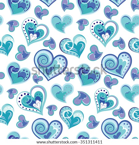 Romantic seamless pattern with colorful hand draw hearts.  Blue hearts on white background. Vector illustration.