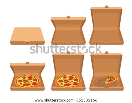 Whole and slices pizza  of closed and open brown carton packaging box. Vector flat illustration isolated on white background. Hand drawn design element for label and poster