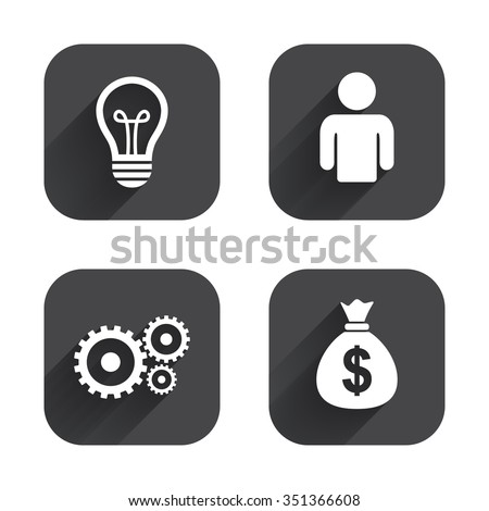 Business icons. Human silhouette and lamp bulb idea signs. Dollar money bag and gear symbols. Square flat buttons with long shadow.