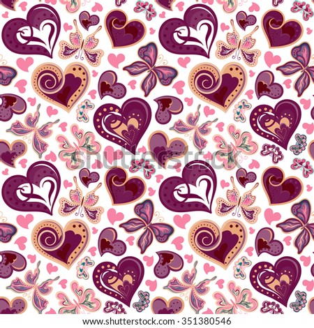 Seamless valentine pattern with colorful vintage butterflies, flowers and hearts (vector).