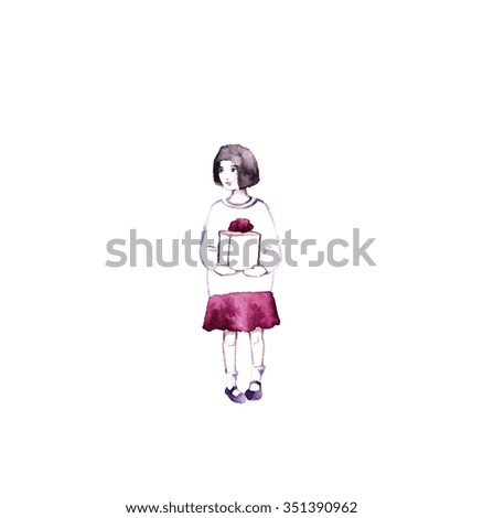 Illustration of a Girl Holding a Gift in a Beautifully Wrapped Box