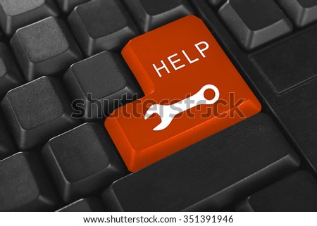 Close-up of laptop keyboard with color button and word Help