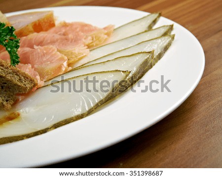 Seafood arrangement.salmon,halibut . close up