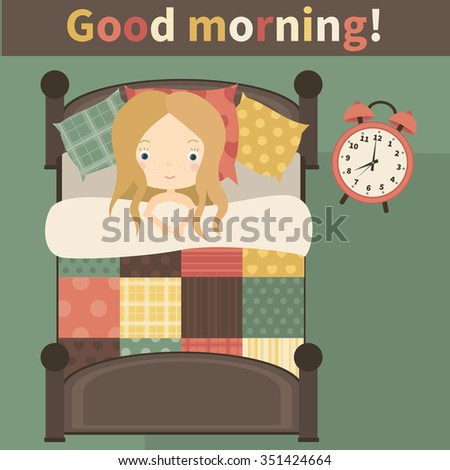 Good morning. The little girl in bed, woke up.Vector illustration