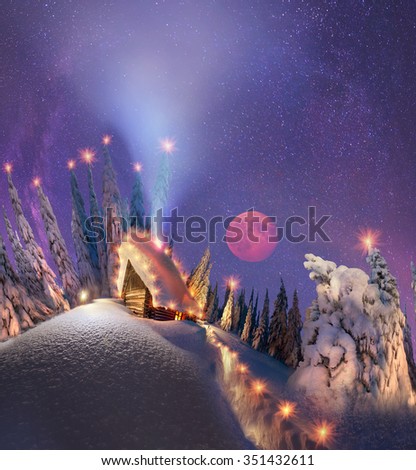 
Arrangement for placing on top of the inscription "Happy New Year" or "Happy Christmas" old mountain lodge in the Carpathian Mountains, where spend the night hunters and tourists