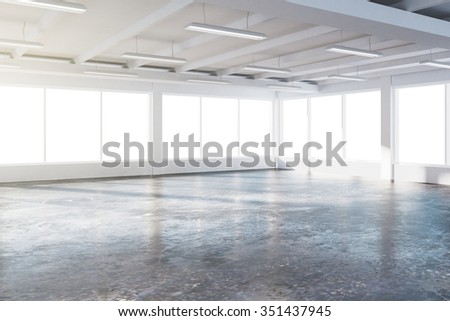 Sunny spacious hangar area with concrete floor and windows in floor 3D Render Royalty-Free Stock Photo #351437945