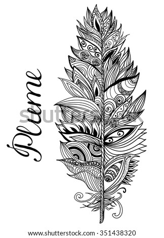 Black white plume on the isolated background with lettering. Vector illustration.