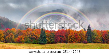 Air Morning mist at sunrise over the alpine forests and meadows of the Carpathians fall is very beautiful after the rain. Picturesque and paint colors of autumn foliage in the wild in Ukraine