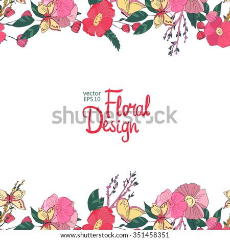 Vector  Floral  Frame. Hand Drawn Wildflowers, Berry, Butterfly, Flowers and Leaves Border On White Background. Good For Web, Print, Invitations, Greeting and Save The Date Cards.