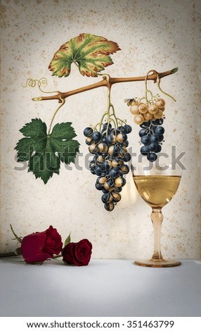 Ancient glass of white  wine background grape cluster decorated, romantic moment with red rose ,photo with vignetting, natural light, vertical photo