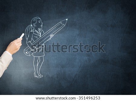 Drawn businesswoman in female palm on gray background