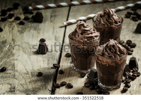 Chocolate-Coffee dessert with whipped cream, selective focus