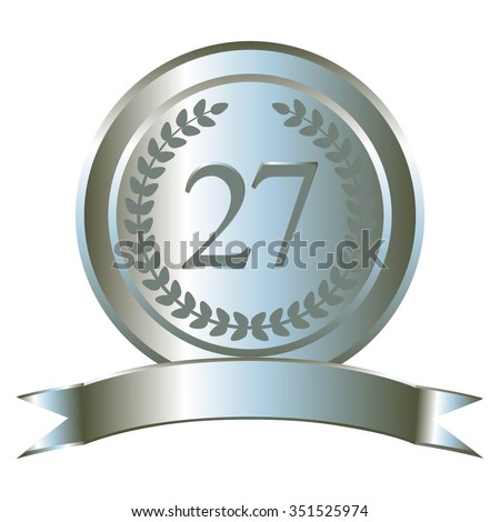 Vector illustration of 27 th anniversary. Silver award, silver ribbon and laurel wreath on a white background