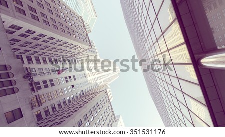 Retro stylized photo of skyscrapers in Manhattan, New York City, USA.