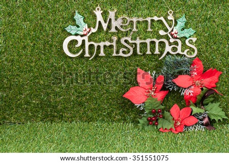 Alphabet word "merry Christmas"  with flower poinsettia over Green grass  background