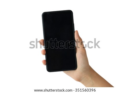 Woman hand holding Smartphone with blank screen on white background