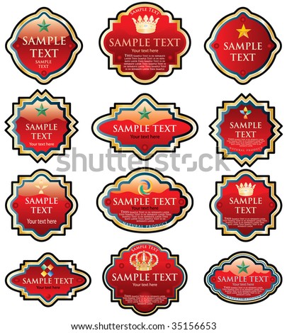 twelve vector labels for various products like food, beverages, cosmetics etc.