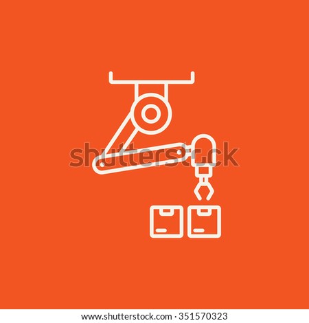 Robotic packaging line icon for web, mobile and infographics. Vector white icon isolated on red background.