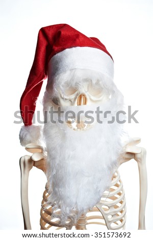 Bearded skull in red christmas hat on white background