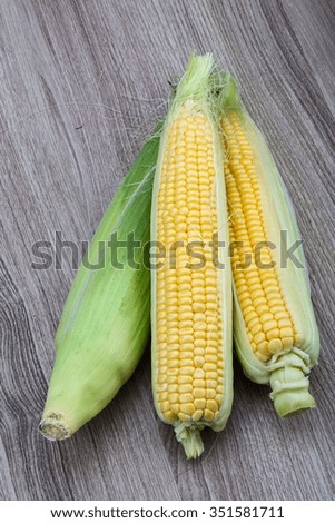 Sweet raw fresh corn on the wood background