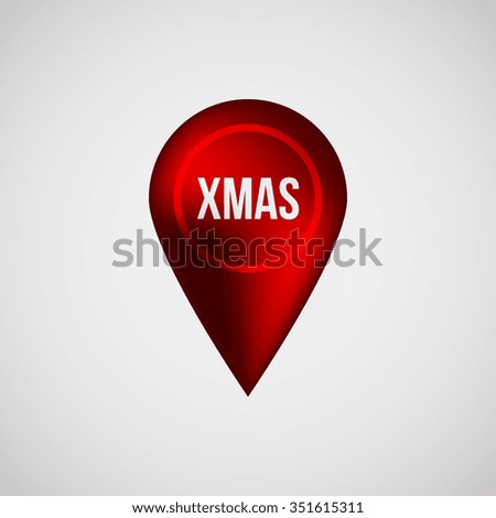 Red abstract map pointer badge, gps button with Merry Christmas, xmas text, realistic reflex and light background for logo, design concepts, banners, applications, apps, prints. Vector illustration.