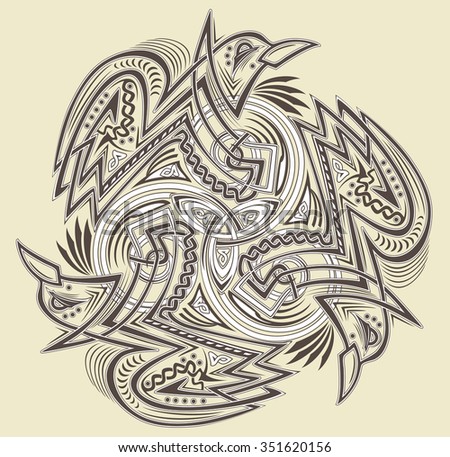 Celtic disk ornament with triple spiral symbol and birds, vector image.