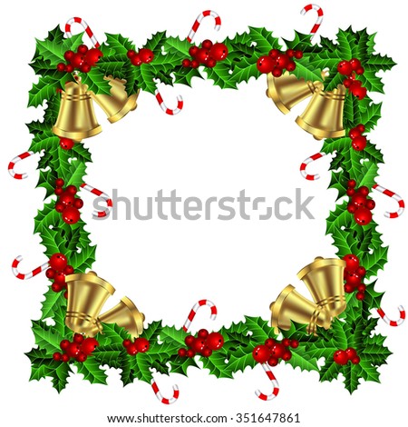 Holly Christmas frame with candy cane and bells isolated