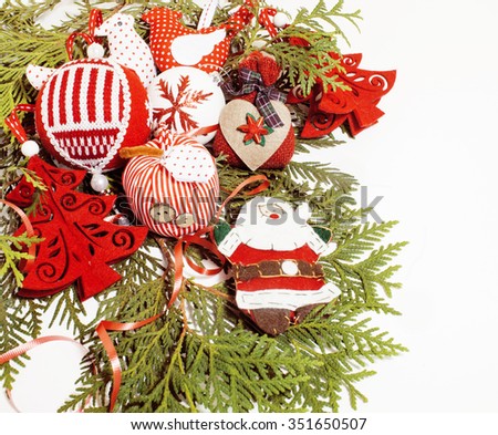 christmas decoration isolated , white background for post card greetings, toy design on tree macro vintage