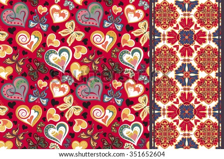 Set of valentines floral background with hearts and butterfly and seamless border, band ribbon strip. Retro seamless pattern