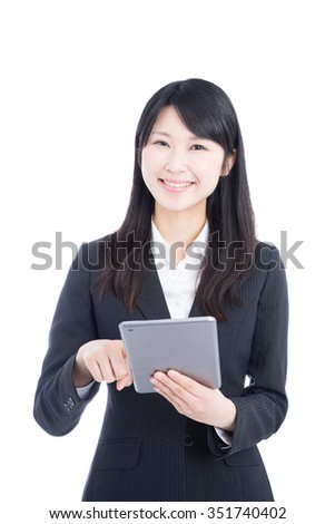 young business woman using digital tablet, isolated on white background