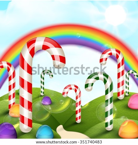 Candy garden background with rainbow