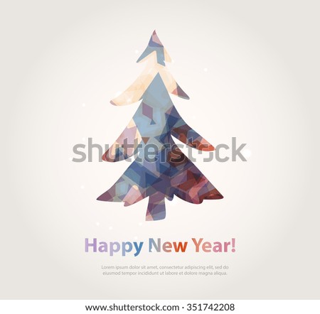 Abstract christmas tree icon or logo concept. Silhouette of evergreen tree filled with colorful abstract pattern with added text and snowflakes.