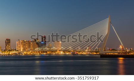 Rotterdam City, Erasmus Bridge ((Erasmusbrug)) Panorama Twilight View  across the Nieuwe Maas (New Meuse) River and Skyline Cityscape at night, the Netherlands