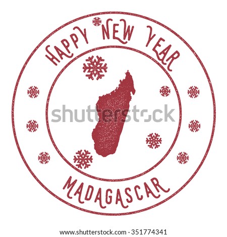 Retro Happy New Year Madagascar Stamp. Vector rubber stamp with map of Madagascar, Happy New Year text and falling snow