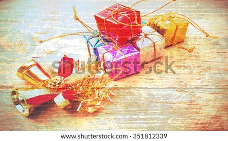 Christmas and New year set colored filter.on wooden wall texture, vibrant color filter effect,grunge photo style.