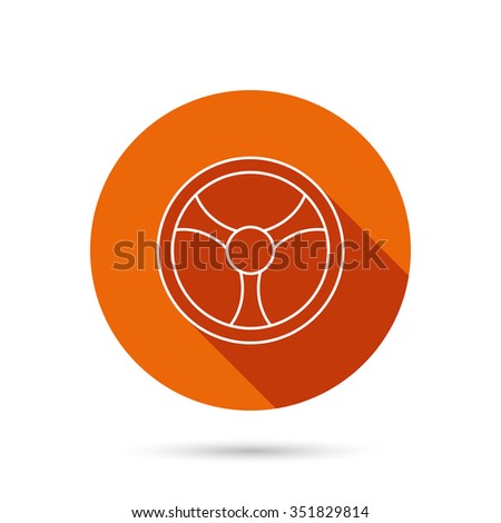 Steering wheel icon. Car drive control sign. Round orange web button with shadow.