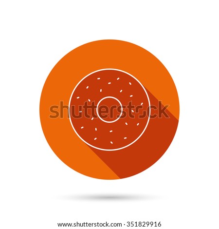 Donut icon. Sweet doughnuts sign. Breakfast dessert symbol. Round orange web button with shadow.