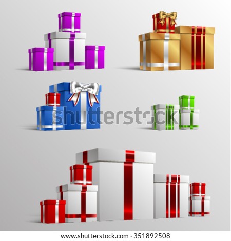 Set of colorful gift boxes with bows and ribbons. Vector illustration. EPS 10. Elements for greeting cards