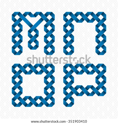 Font of intertwined paper ribbons. M, N, O, P blue relief letters on a white patterned background.