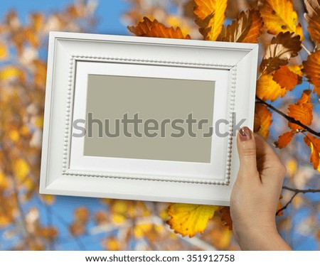 Wooden frame in beautiful woman hands on the background of yellow fall oak leafs