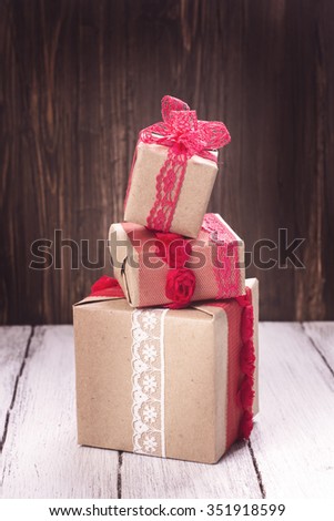 Pile of gift boxes. Valentines day concept. Toned image, selective focus. Copy space