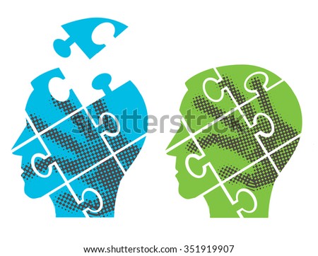 Puzzle heads silhouettes.
Two Puzzle heads silhouettes with hand print symbolizing Psychology, psychological problems.Vector illustration.
