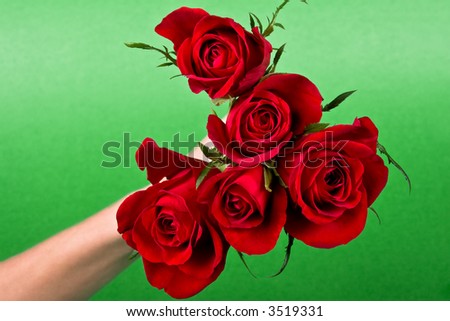 hand offering a bunch of roses, heart shape, general situations, anniversaries, weddings, birthdays, romance design elements series