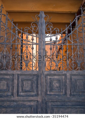 Old metal gate and security closed entrance door