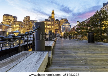 Panoramic view of Boston in Massachusetts, USA at sunset showcasing its mix of modern and historic architecture.