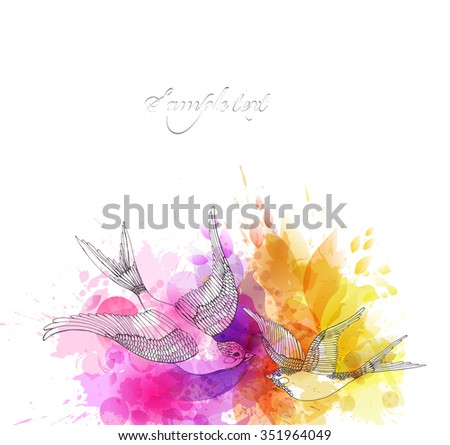 Watercolor vector background with colorful flowers and bird. Abstract floral elements .