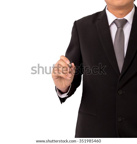 Businessman standing posture hand hold a pen isolated on white with copy space.