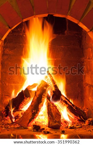 Burning fire in the brick fireplace, close up