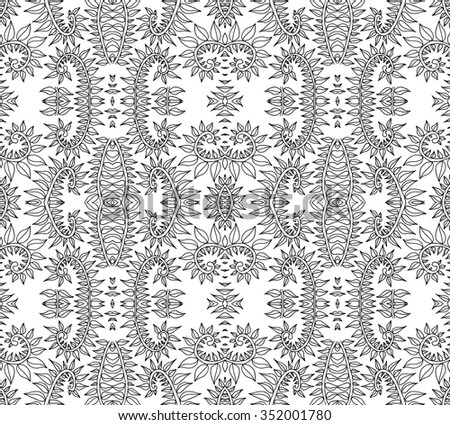 Black and white intricate lacy vector seamless pattern with sprouts or branches or twigs; folk, rustic or boho style